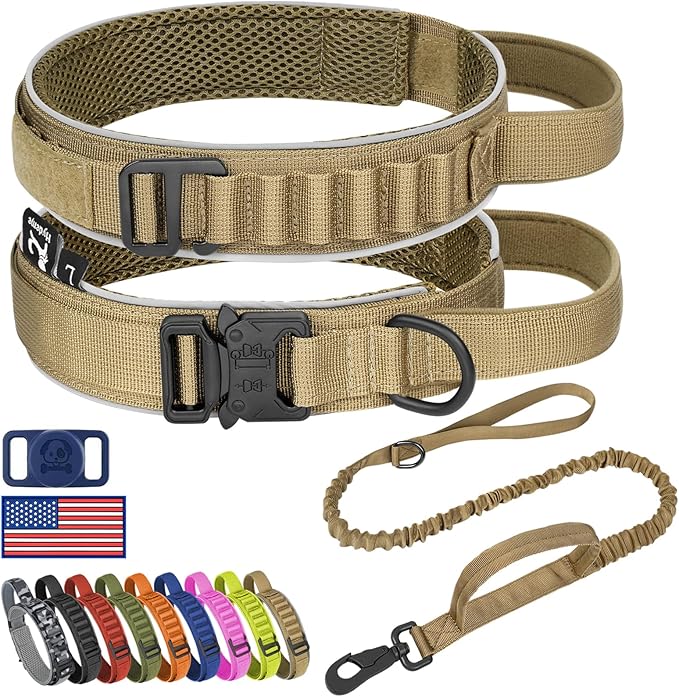 HYDEME Tactical Dog Collar and Leash Set, Alpine Loop Adjustable Reflective Military Training Nylon Dog Collars with Handle Shock Retractable Dog Leash for Small Medium Large Dogs.(XL,Brown-Set)
