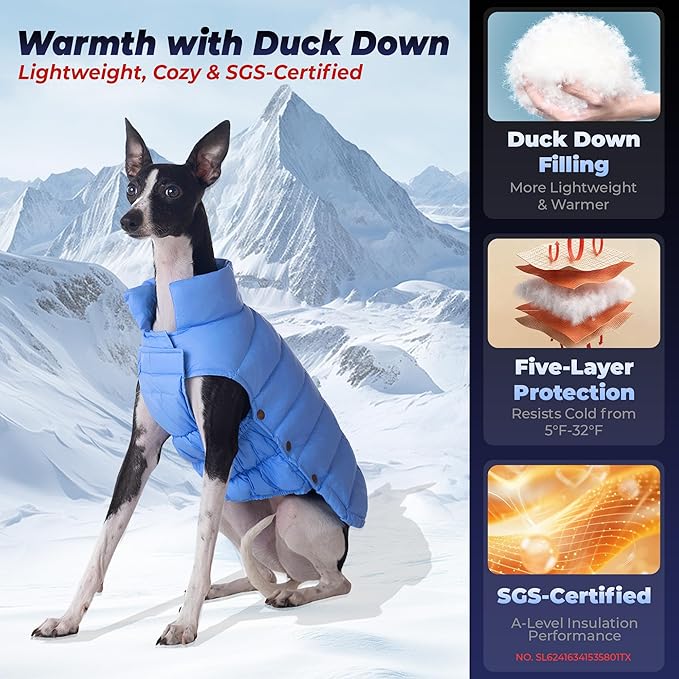 SPACE LION Dog Puffer Jacket, Down Winter Coat, Durable Outdoor Coat for Cold and Windy Conditions, Lightweight & Adjustable Fit Coats for Large Dogs,(Blue, Size28/4XL)