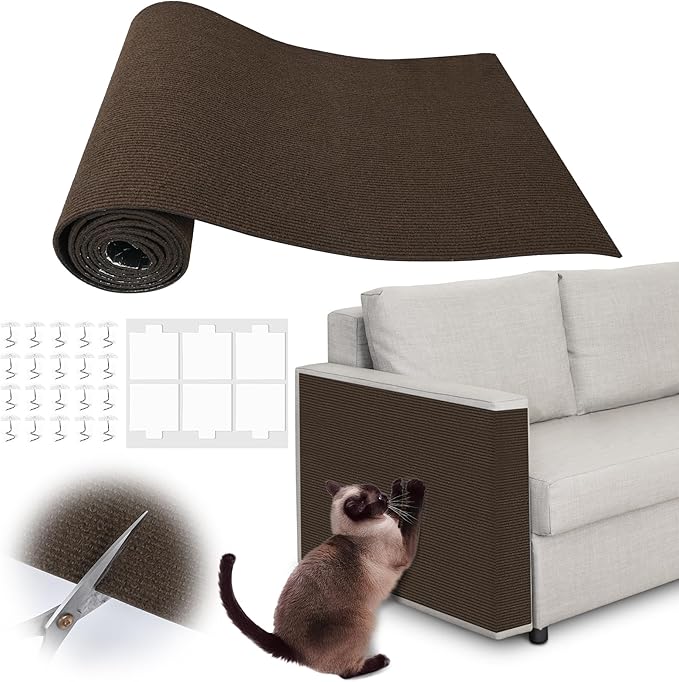 Cat Sofa Scratch Furniture Protector - 100" x 15.8" Trimmable Self-Adhesive Cats Claws Scratch Pads, Cat DIY Climbing Couch Protector for Scratch Post Cat Tree Shelves Wall Indoor (Brown)
