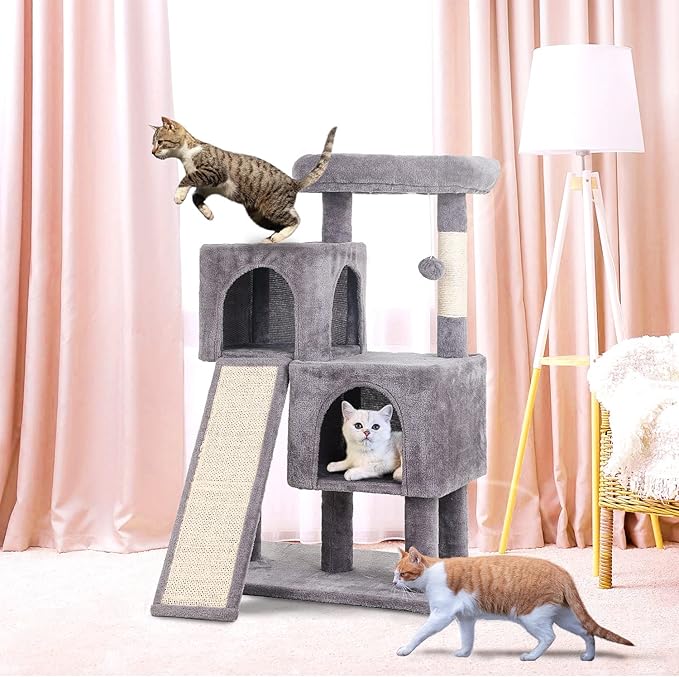 36 inches Cat Tower,Cat Tree for Indoor Cats with Scratching Posts Multi-Level Cat House with Ramp,Double Condos,Spacious Perch,Scratching Sisal Post and Dangling Balls for Kittens,Ashy