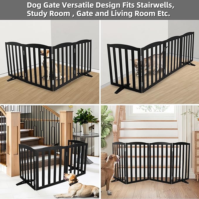 Freestanding Dog Gate Indoor,Doggie Gate Foldable Pet Gates for Doorways,Stairs or Hallways, Wooden Black Pet Gate for the House, Pet Fence with Support Feet Included,32 "Height-2 Panels