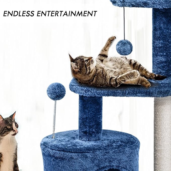 ClevaHome 33.5" Small Cat Tree Tower for Indoor Cats, Modern Kitten Condo with Sisal Scratching Post and Hanging Ball for Play, Denim Blue
