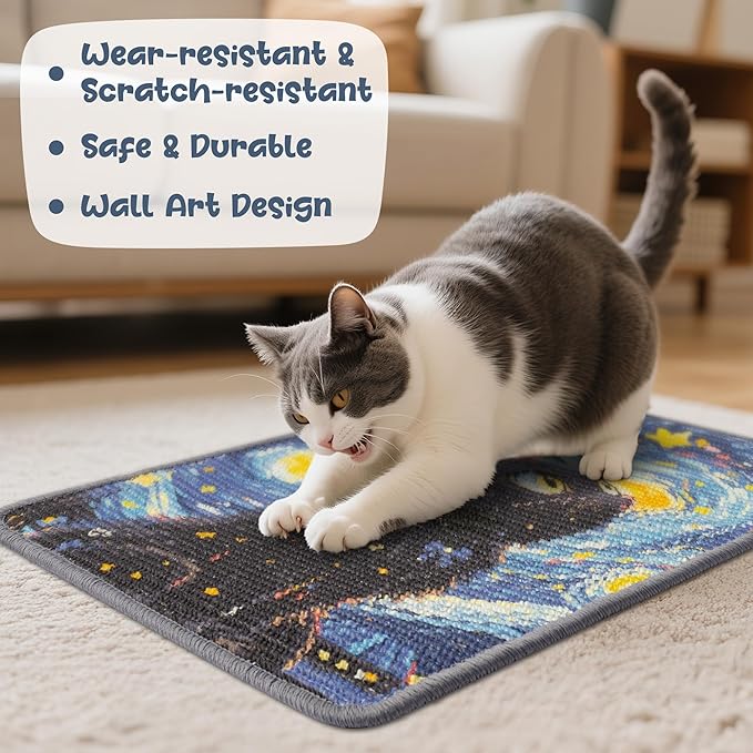 Sisal Cat Scratching Pad, Durable & Shedding-Resistant Wall Scratcher Mat for Indoor Cat, Kitten Art Print Scratching Mats for Carpet Couch Furniture with Adhesive Hook Loop Tape(24*16in)