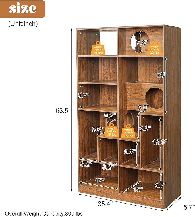 Bookcase Wooden Cat Tree, Brown Bookshelf Indoor Cat House Pet Furniture, Display Case with Storage, Cat Litter Box Enclosure Climbing Shelf