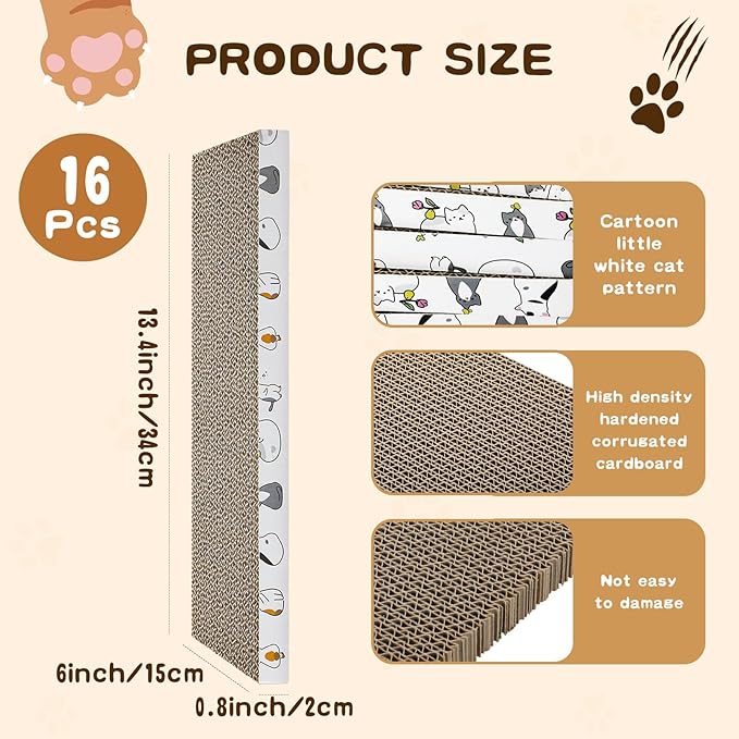 16pcs Small Cat Scratching Cardboard Bulk 13.4x6x0.8 Inch Durable Cat Scratch Pad Reversible Cardboard Safe for Indoor Kitten Shelter Stray Kitten Sleep Biting Play and Grind Claws(Straight)