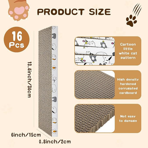 16pcs Small Cat Scratching Cardboard Bulk 13.4x6x0.8 Inch Durable Cat Scratch Pad Reversible Cardboard Safe for Indoor Kitten Shelter Stray Kitten Sleep Biting Play and Grind Claws(Straight)