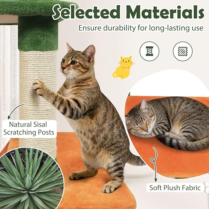 Tangkula 58 Inch Cat Tree Tower, Multi-Level Cat Tower with Sisal Scratching Posts, Padded Top Perch, Condo & Hammock, 3 Hanging Balls, Jumping Platforms for Indoor Cats (Green & Orange)