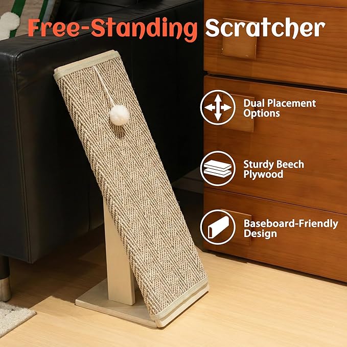 PETKARAY Inclined Cat Scratcher, Sisal Scratching Ramp for Indoor Cats, 24.8'' Cat Scratch Post for Couch, Replaceable Sisal Scratch Pad with Toy Ball, Chevron