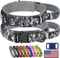 HYDEME Tactical Dog Collar, Alpine Loop Adjustable Military Training Nylon Dog Collars with Handle and Reflective for Small Medium Large Dogs, with Airtags Protective Case & Patches.(M,Camo)