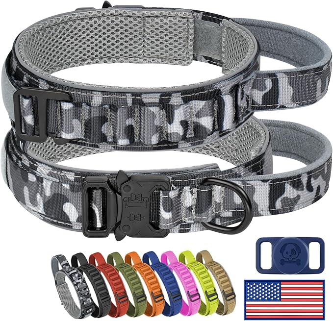 HYDEME Tactical Dog Collar, Alpine Loop Adjustable Military Training Nylon Dog Collars with Handle and Reflective for Small Medium Large Dogs, with Airtags Protective Case & Patches.(L,Camo)