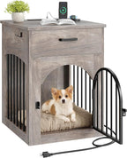 Dog Crate Furniture, Wooden Dog House with Charging Station and Storage Drawer, Indoor Pet Crate End Table for Small Breeds, for Living Room, Bedroom, Greige MGW01UFH