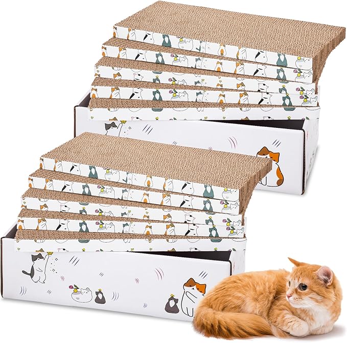 12 Pcs Small Cat Scratch Pads with Box 14 x 6.5 x 4.2 Inches Durable Cat Scratcher Cardboard Reversible Recyclable for Indoor Small Kitten to Play Rest Grind Claws Furniture Protector