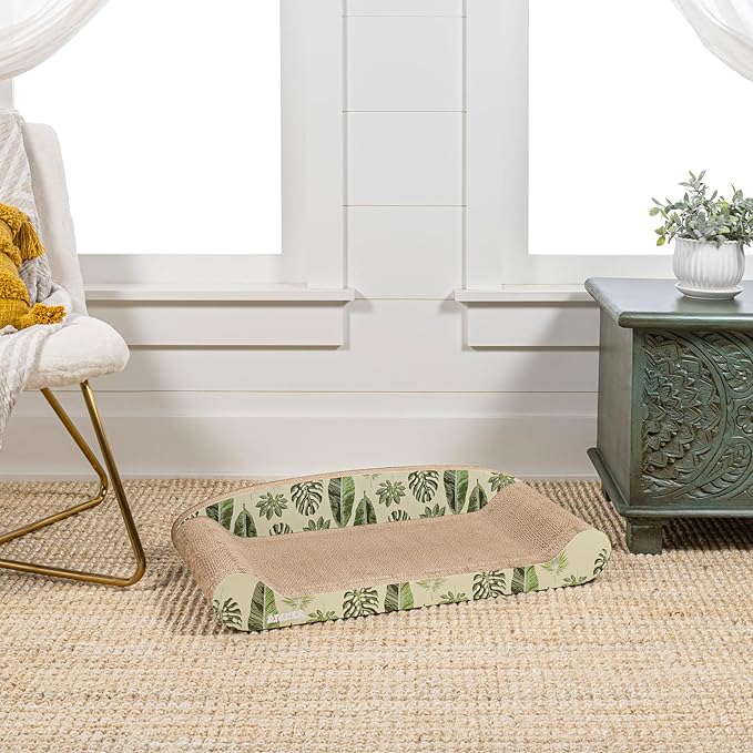 CSR1004B Montego 27.5" Coastal Patterned Cardboard Lounge Bed Cat Scratcher with Catnip, Mint/Green