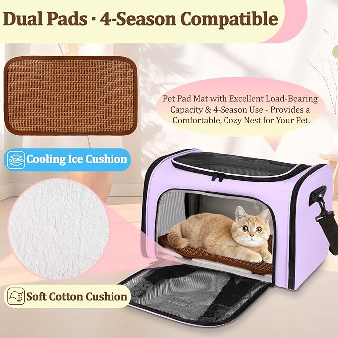 Cat Carrier Dog Carrier - Soft-Sided Cat Carrier with Plush Pad & Cooling Mat, Easy-Load 4-Side Zipper & 3-Side Mesh Ventilation, Pet Carrier Airline Approved for Cats/Dogs Up to 16 lbs, Purple