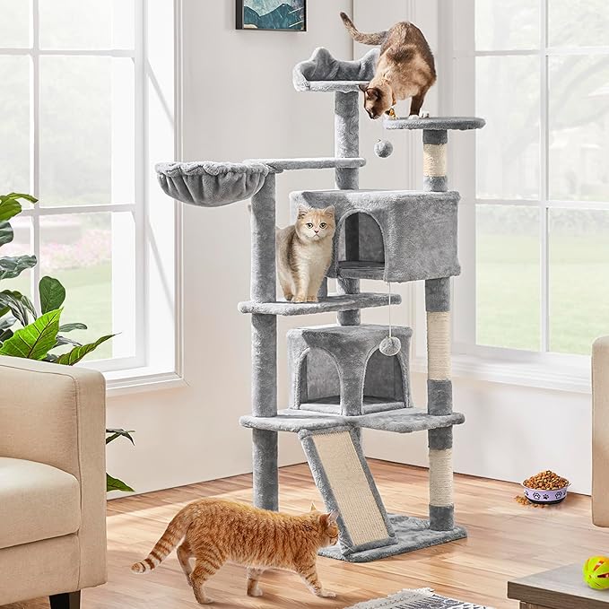 Yaheetech 57in Multi-Level Cat Tree for Large Cats, Luxurious Cat Activity Center with 2 Condos, 3 Jump Perches and Scratching Posts for Indoor Cats and Kittens, Light Gray