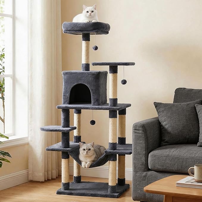 PETSITE Multi-Level Cat Tree, 58 Inches Tall with Sisal Scratching Posts, Condo, Hammock, Dangling Balls, Jumping Platforms, and Cozy Top Perch, Ideal for Indoor Cats to Play and Rest (Dark Grey)