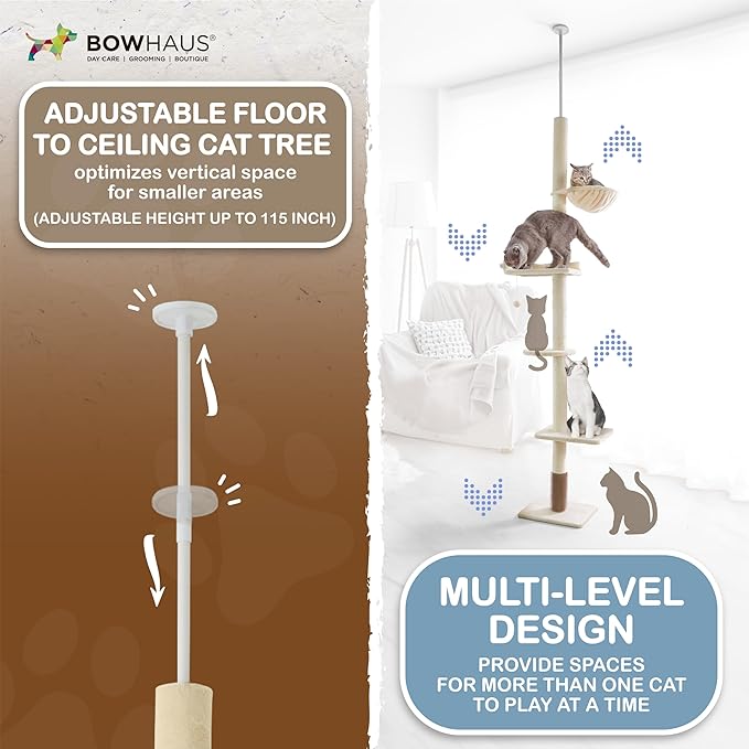 Floor to Ceiling Cat Tree, Adjustable Height 104”-115” Multi-Tier Cat Climbing Tower w/Itching Scratcher, Cozy Hammock, Interactive Playball, Platforms for Indoor Cats, Beige
