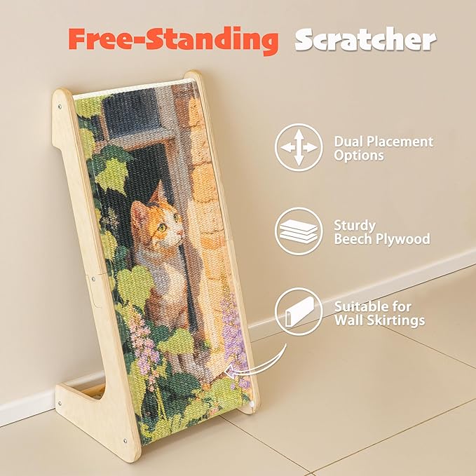 PETKARAY Art Cat Scratcher, 25.2" Sisal Scratching Ramp, L Shaped Scratch Pad for Indoor Cats, Oil Painting Cat Scratching Post