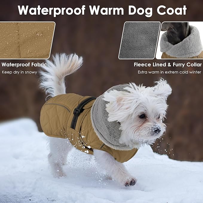 Dog Coat, Waterproof Dog Winter Jacket with Adjustable Buckle, Reflective Turtleneck Pet Snow Vest Warm Fleece Sweater for Small Medium Large Dogs - Khaki, S