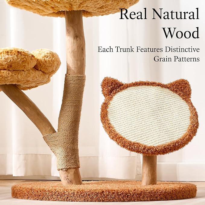 797Audio Natural Wood Flower Cat Tree, Modern Cat Tower with Real Solid Wood Branch, Luxury Aesthetic Cat Tree with Scratching Post,Scratch Pad,Cat Tree Tower for Indoor Large Adult Cats,Autumn Yellow