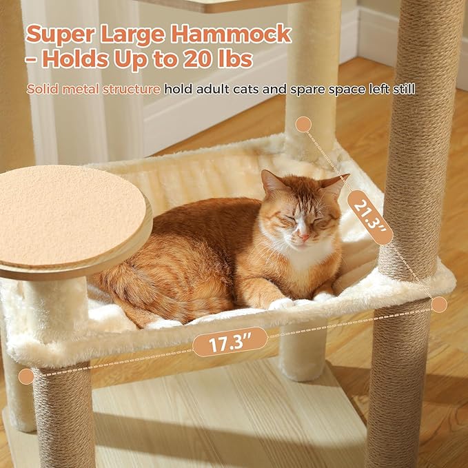 Wooden Cat Tree, 56.3-Inch Modern Cat Tower for Indoor Cats Large Adult, Multi-Level Cat Condo with Large Hammock, Scratching Posts, Washable Removable Cushion & Non-Slip Jump Platforms, Beige