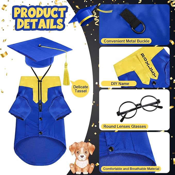 5 Pcs Dog Graduation Costume Set Include 2026 Pet Graduation Gown with Stole Puppy Grad Cap Lensless Glasses DIY Letter Stickers for Dogs Cats Holiday Costume Accessory(Blue Yellow,L)