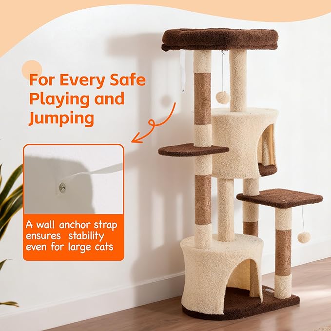 45.3-inch Multi-Level Cat Tree Tower with 3 Soft Platforms & 2 Cat Caves, Fully Wrapped Sisal Scratching Post for Indoor Cats, Dangling Toy, Brown