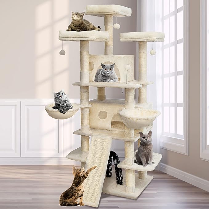 Go Pet Club 68 Inches Multi-Level Big Cat Tree, Tower with Sisal Scratching Posts, Hanging Basket & Comfortable Perches for Large Cats