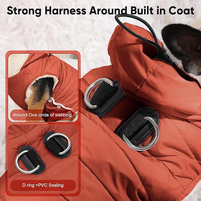 Fleece Lining Dog Hoodie with Harness Built in,Extra Warm Small Dog Jacket in Winter Puppy Coats with Drawstring Hooded,Orange S