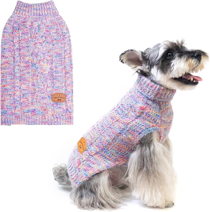 BEAUTYZOO Small Dog Sweater -Turtleneck Pullover Classic Cable Knit Fuzzy Winter Coat Dog Cold Weather Clothes for Small Medium Dogs Puppy Girl Boys(Rainbow Pink, S)