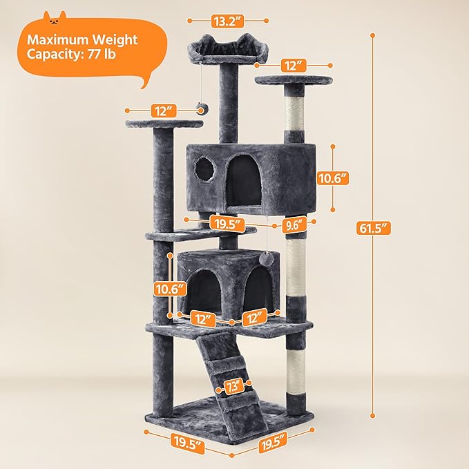 Yaheetech 62in Cat Tree Cat Tower for Indoor Kitty, Pet Furniture w/Double Condo, Scratching Posts, Multiple Platforms and Balls for Kittens, Dark Gray