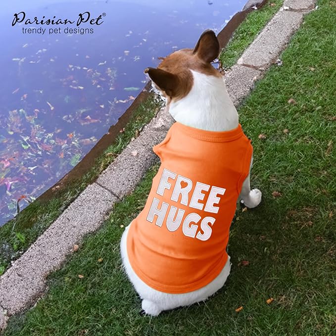 Parisian Pet Dog Shirt – 100% Cotton Free Hugs Shirts for Medium Dogs – Sleeveless Puppy Clothes – Lightweight and Breathable Orange Dog Clothes – Summer Pet Apparel - Stretchable Tshirts for Dogs