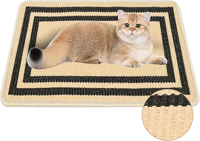 Cat Scratcher Mat, 23.6x15.7 Inch Natural Sisal Cat Scratch Pad, Horizontal Cat Scratching Pad Rug for Indoor Cats with Sticky Tapes, Protect Couch & Carpets（Beige Black）