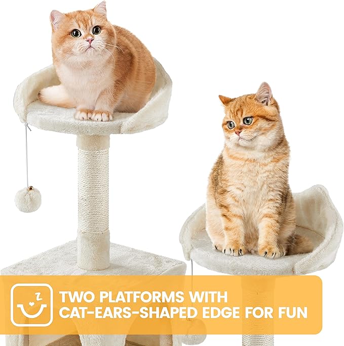 Topeakmart Cat Tree, 82.5in Climbing Tower with 2 Kitten-Ear-Style Top Perches, Hammock, Basket, Scratching Posts, Multilevel Pet Furniture Activity Center for Indoor Felines, Beige