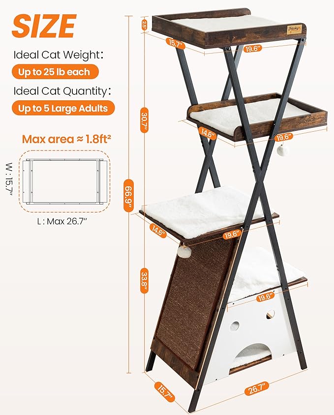 Modern Wood Cat Tree Tower for Indoor Cats Large Adult - 67 Inch Tall Multi-Level Heavy Duty Cat Condo Trees Furniture with Caves Perch Bed Scratching Board -XL Big Wooden Kitty House
