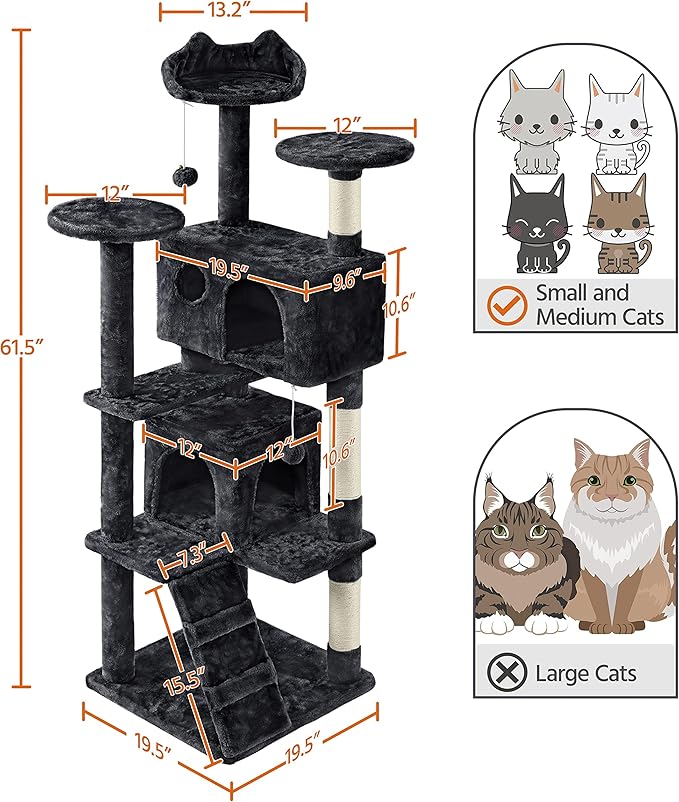 Topeakmart 61in Cat Tree for Indoor Cats, Cat Tower with Scratching Posts Spacious Perch & Platform for Kittens, Black