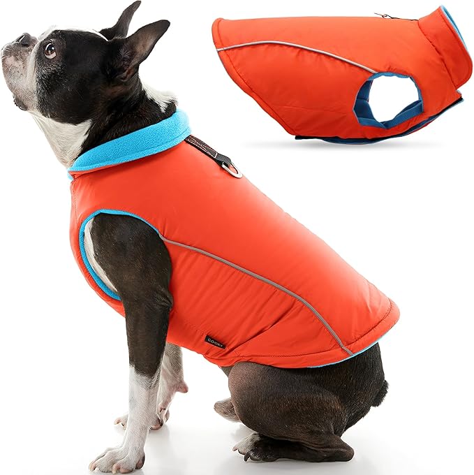 Gooby Sports Vest Dog Jacket - Orange, Medium - Reflective Dog Vest with D Ring Leash Warm Fleece Lined Hook and Loop Closure for Small to Medium Dogs