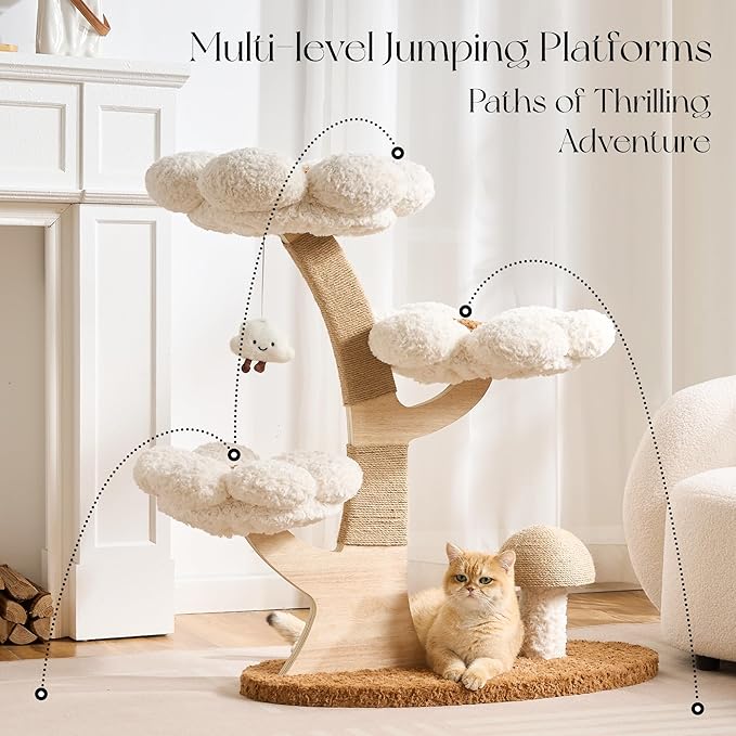 797Audio Flower Cat Tree, 37" Wood Branch Cat Tower, White Cloud Cat Tree with Scratching Post for Indoor Adult Cats, Luxury Cat Tree with Mushroom Cat Scratcher & Interactive Squeaky Toy