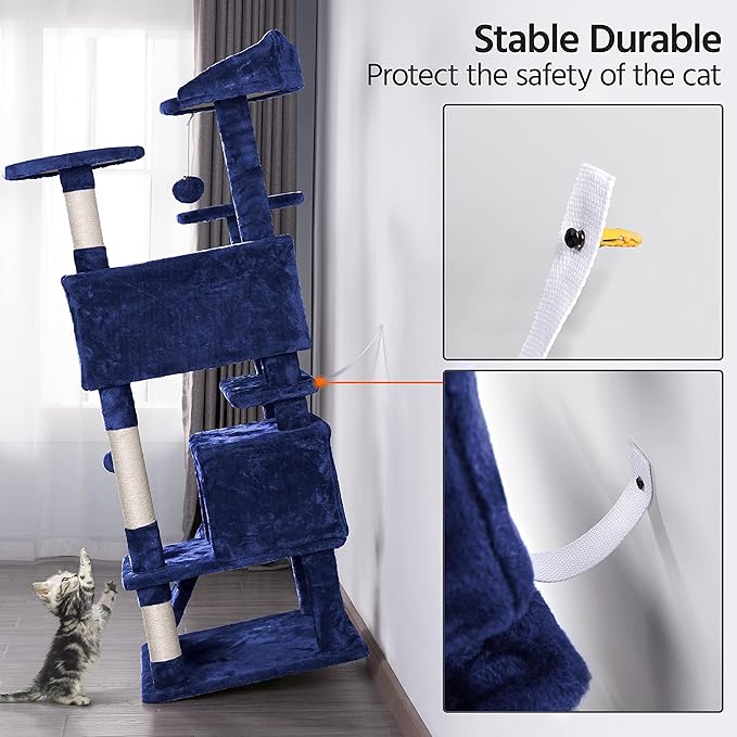 Topeakmart 54in Cat Tree, Cat Tower w/Large Cat Condo Scratching Posts and Perch, Cat Stand House Furniture, Navy Blue