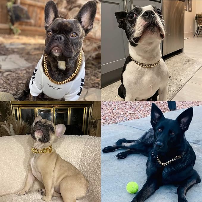 Stainless Steel Silver Gold Dog Collars with Safety Buckle Lock,18K Cuban Link Chain Training Collar,15MM Strong Dog Necklace Heavy Duty Chew Proof for Small Medium Large Dog