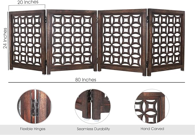 Wooden Foldable Pet Dog Safety Gate -4 Panels 20"Wx24"H- Hand Carved Solid Wood And MDF - Free Standing Portable Indoor Doorway Hall Stairs Dog Puppy Fence - Fully Assembled - Antique Brown -IRONGATE