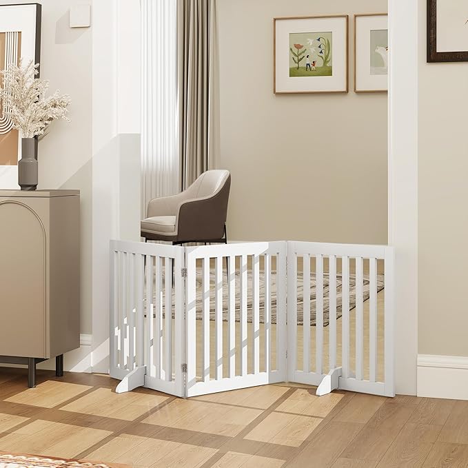 24”H Freestanding Wooden Pet Gate, Dog Gate for Stairs, Doorways, and Hallways, Step Over Foldable Pet Fence for Indoor Use, Support Feet Included, 60 inch Wide 3 Panels, White