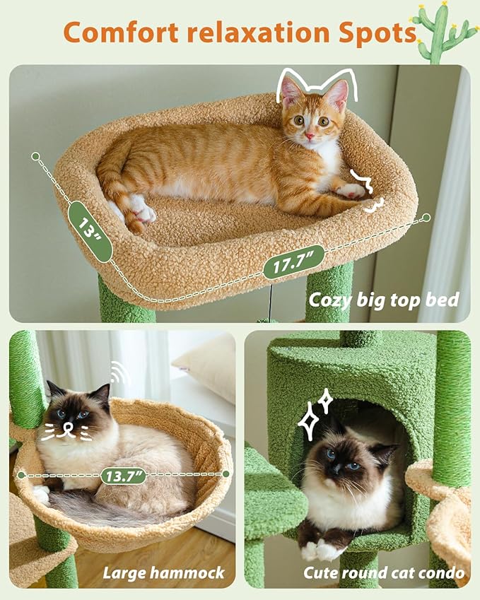 59" Cactus Cat Tree, Large Cat Tree for Indoor Cats, Cat Tower for Large Cats, Multi-Level Tower, Condo with Hammock, Scratching Post, and 2 Perches, Green