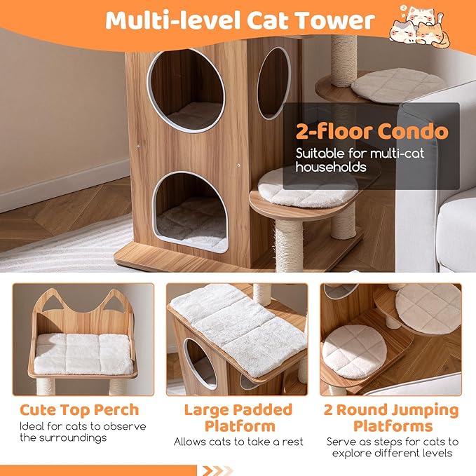PETSITE 48-inch Wooden Cat Tree, Multi-Level Modern Cat Tower with Sisal Scratching Posts, Double-Layer Condo, Cute Top Perch, 3 Jumping Platforms with Washable Detachable Cushions