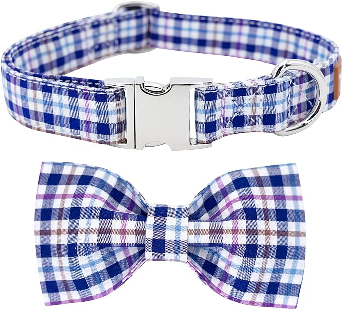 Tunkoo Dog Collar with Bow Tie Elegant Plaid Soft Comfy Cotton Adjustable Collar Premium Metal Buckle,Small Medium Large Puppy Cat Outdoor Training Walking Running（Bule Grid，M）