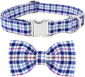 Tunkoo Dog Collar with Bow Tie Elegant Plaid Soft Comfy Cotton Adjustable Collar Premium Metal Buckle,Small Medium Large Puppy Cat Outdoor Training Walking Running（Bule Grid，M）