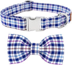 Tunkoo Dog Collar with Bow Tie Elegant Plaid Soft Comfy Cotton Adjustable Collar Premium Metal Buckle,Small Medium Large Puppy Cat Outdoor Training Walking Running（Bule Grid，M）