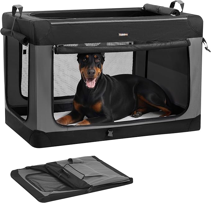 Feandrea Collapsible Dog Crate, 48-Inch Portable Dog Travel Crate for Extra Large Dogs, Oxford Fabric Pet Carrier with 4 Mesh Doors, Handles, Storage Pocket, Water Bottle Holder, Ink Black UPDC022BH01
