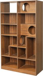 Bookcase Wooden Cat Tree, Brown Bookshelf Indoor Cat House Pet Furniture, Display Case with Storage, Cat Litter Box Enclosure Climbing Shelf