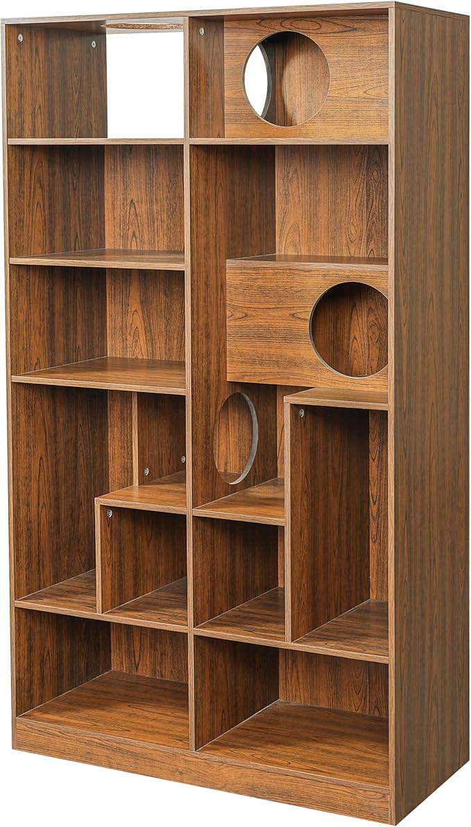 Bookcase Wooden Cat Tree, Brown Bookshelf Indoor Cat House Pet Furniture, Display Case with Storage, Cat Litter Box Enclosure Climbing Shelf